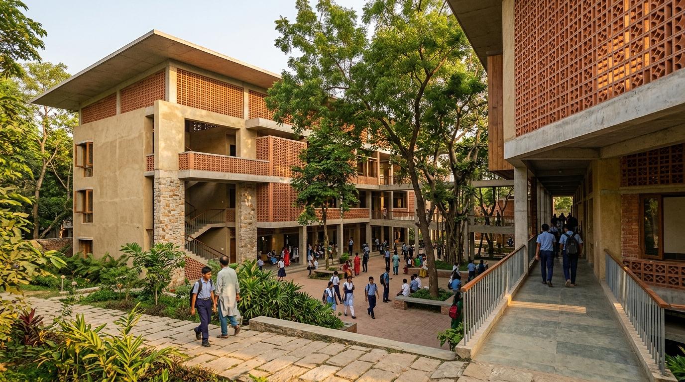 Passive climate resilience architecture with terracotta jaali screening and shaded courtyard